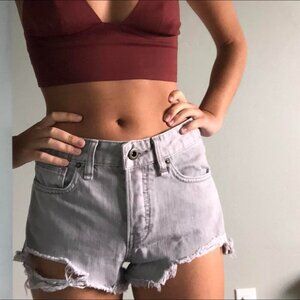 Free People Light Gray Distressed Denim Shorts with Button Fly, Size 27